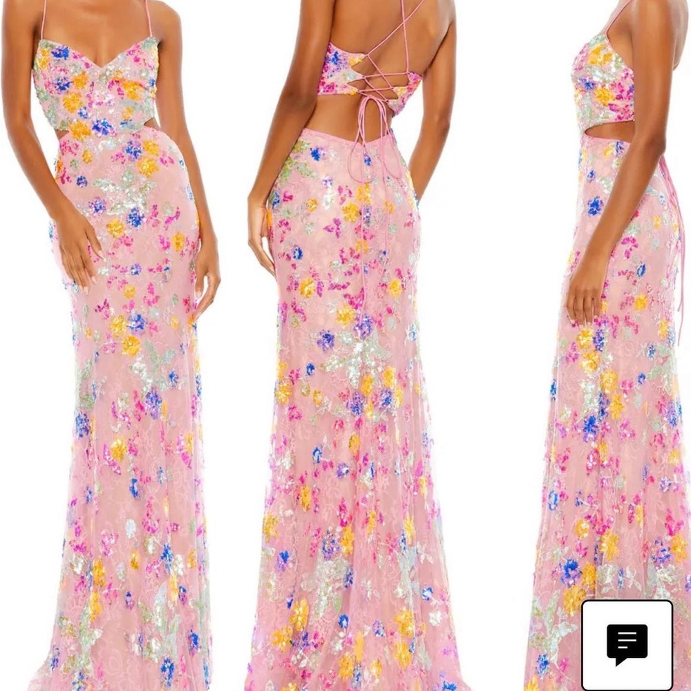 Mac Duggal Long Pink Floral Sequined Prom Dress